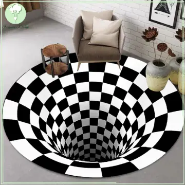 Vortex Illusion Rug 3D Trap Effect Bottomless Hole Carpet Geometric Black  White Grid Bedroom Living Room Anti Slip Floor Mats