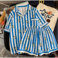 【JH】Stripe Women Pajamas Set Single Breasted Short Sleeve Ladies Homewear Suits with Shorts Elastic Waist Summer Cartoon Sleepwear