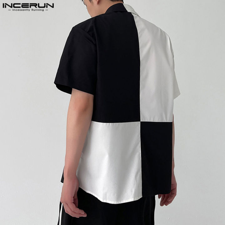 incerun-เสื้อบุรุษ-patchwrok-เสื้อแขนสั้นเสื้อยืดคาร์โก้เสื้อพรรค-สไตล์เกาหลี