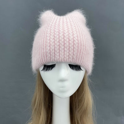 2021 New Women Knitting Beanie Hats With Ear Cute Real Rabbit Cashmere Soft Warm Winter Hats Solid Bling Bling Skullies Beanie