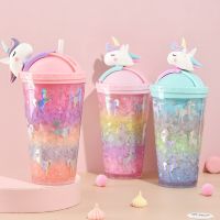 Unicorn Ice Cup Water Bottle Gradient Girl Heart Cute Straw Cup Simple Portable Household Creative Double Plastic Cup Gift