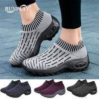 Women Tennis Shoes Air Cushion Sports SuperSoft High Heels Mesh Slip-on Female Sock Footwear Outdoor Thick Bottom Woman Sneakers