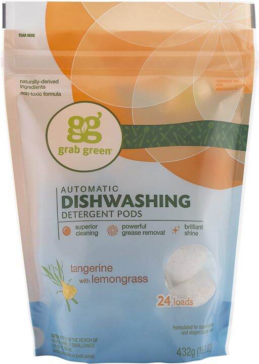 Grab Green Automatic Dishwashing Detergent Pods Tangerine with Lemon Grass 24 Loads 15.2 Oz