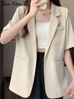 Korea Style Casual Womens Jacket Coat Short Sleeve Loose Notched Spring Summer Solid Suits 2023 New Office Lady Blazer Tops