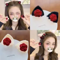 [COD] Flocking cat ears hairpin female forehead rose flower bangs clip headdress side princess head