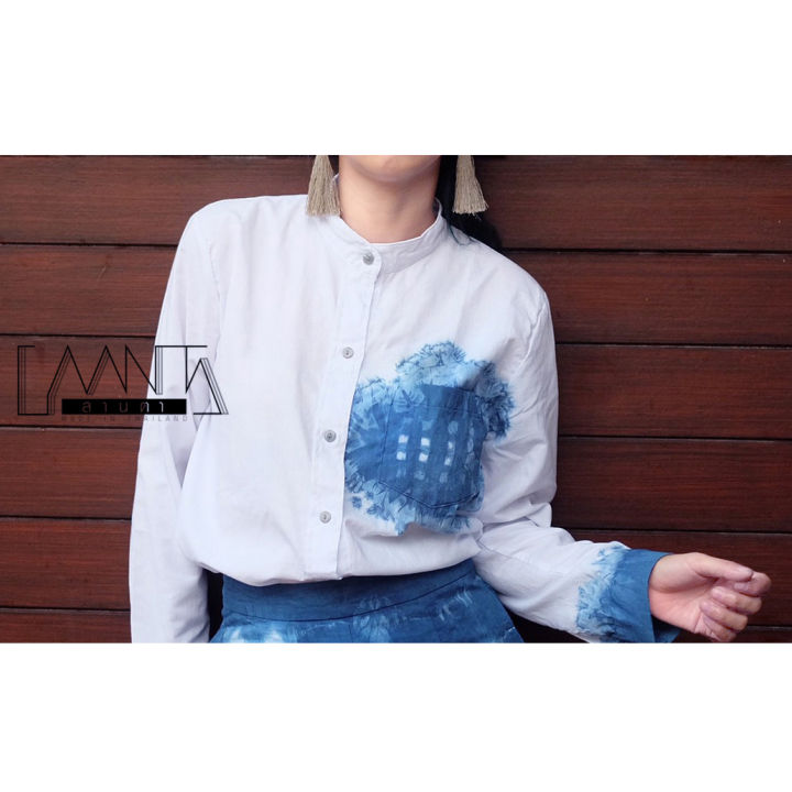 laanta-เสื้อเชิ้ตคอจีน-มัดย้อมคราม-เสื้ออย่างเดียว-กางเกงจำหนายแยก