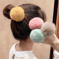 ที่คาดผมขนกระต่ายเทียมยืดหยุ่นได้สำหรับฤดูหนาวน่ารักแบบ Pompom Plush ที่ใส่หางม้าผูกผมเครื่องประดับผมยางรัด