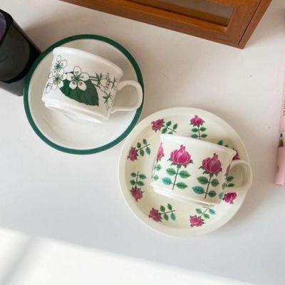 □✚  Finnish medieval retro ceramic gardenia rose green grass coffee cup milk