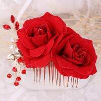 Hair Comb New Fashion Chinese Fake Red Rose Flower Pearl Bridal Bride Noiva Wedding Hair Accessories Head Piece Crown Jewelry