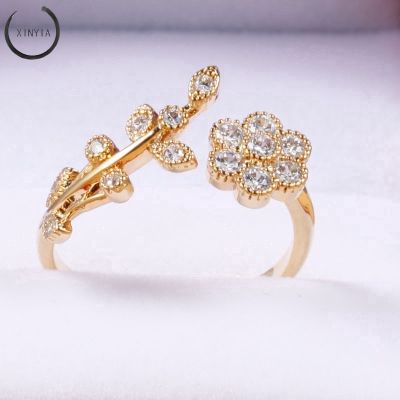 ashion Diamonds Adjustable Rings Flower Leaves Finger Rings
