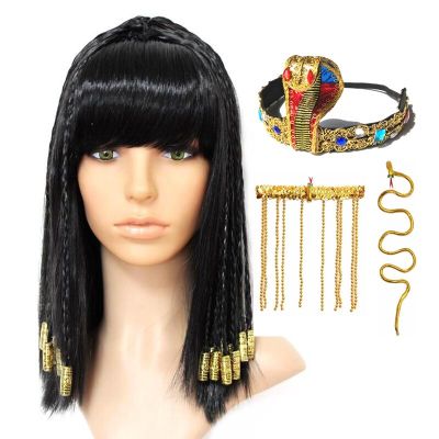 Cleopatra Cosplay Wig Egypt Queen Black Hair Gold Beads Decoration Dance Halloween Party Role Play Cosplay Wigs + Wig Cap