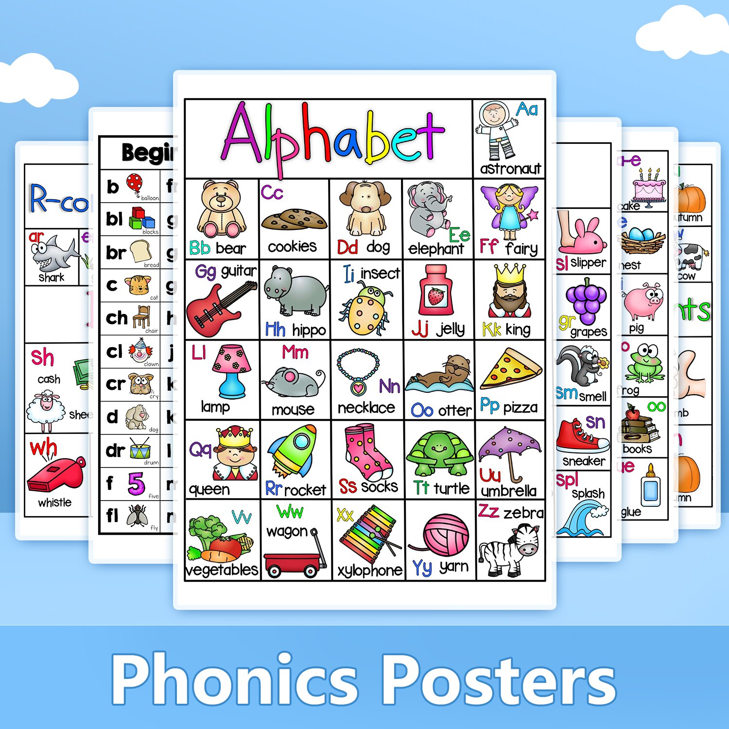Numbers Early Learning poster Letters Phonics set of 6 Charts Alphabet 