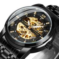 ZZOOI WINNER Skeleton Automatic Watch for Men Fashion Crystal Diamond Dial Luxury Black Stainless Steel Strap Clock relogio masculino