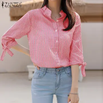 ZANZEA Women Long Sleeve Stripe Shirt Casual Loose Tops Button Up Blouses  Plus Size