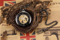 Mewah นาฬิกาพกสีดำวินเทจ Tangan-Angin Meganikal Steampunk Lelaki Jam Rom Angka Jam dengan Fob Rantaian Reloj Hombre