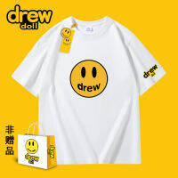 Drew Doll แบรนด์ร่วมฤดูร้อนปี2023การ์ตูนตัวอักษรพิมพ์หน้ายิ้มคอกลมคู่รักแขนสั้นเสื้อยืดผู้ชาย