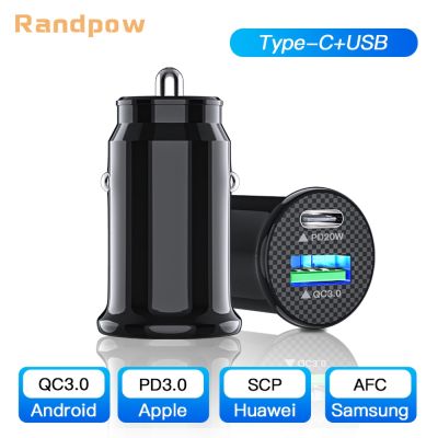 Randpow USB QC3.0ชาร์จเร็ว,ที่ชาร์จแบตในรถ PD Type C 20W สำหรับ iPhone Xiaomi โทรศัพท์มือถือ