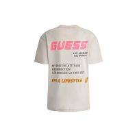 GUESS เสื้อยืดแขนแขนสั้นคอกลมลายตัวอักษรทรงหลวมอเนกประสงค์ลำลองสำหรับทั้งหญิงและชายฤดูร้อนแบบเกาหลี YN8K1308