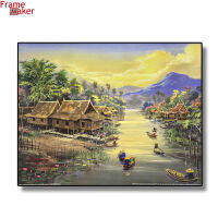 กรอบลอย  ภาพบ้านริมแม่น้ำยามเช้า   (39.5 x 50cm.) ภาพแต่งบ้าน รูปภาพติดผนัง โปสเตอร์วิว ภาพมงคล เสริมฮวงจุ้ย