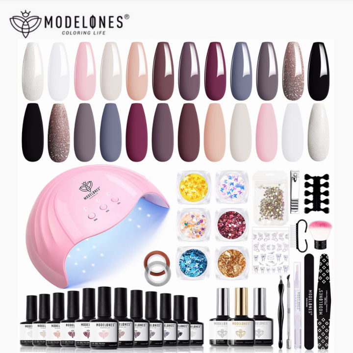 Modelones 35 Pcs Gel Nail Polish Kit with UV Light 48W Nail Lamp - 12  Colors Nude Pink Gray Glitters