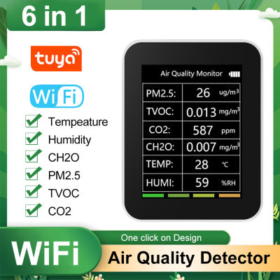 [จัดส่งฟรี] 6 In 1เครื่องตรวจจับคุณภาพอากาศมัลติฟังก์ชั่ PM2.5 TVOC CO2 CH2O อุณหภูมิความชื้น Monitor Sensor สำหรับ Home Office Hotel