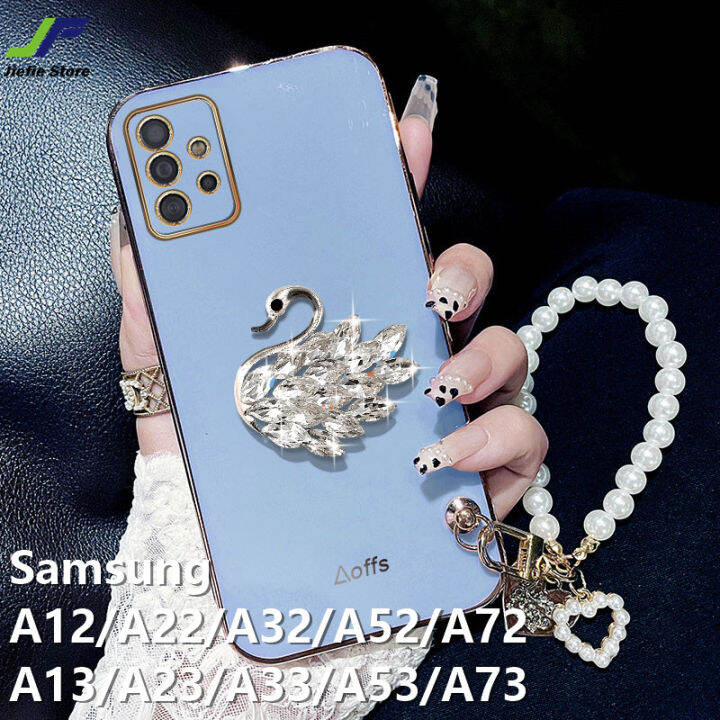 jiefie-คริสตัลหงส์โทรศัพท์กรณี-samsung-galaxy-a12-a13-a32-a52-a72-a22-a23-a33-a53-a73-a14-a24-a34-a54-chrome-luxury-soft-tpu-ฝาครอบโทรศัพท์-สร้อยข้อมือ