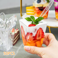 ถ้วยขนมหวาน50ชิ้นพร้อมช้อน50ใบและฝาปิด50ใบขนาด150มล. นำกลับมาใช้ใหม่ได้ถ้วยสี่เหลี่ยมขนมซักได้ถ้วยขนมหวานแก้วเครื่องดื่มเรียกน้ำย่อยถ้วยขนมหวานใส