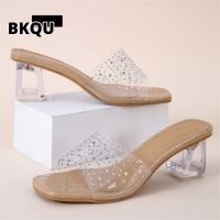 2023 summer new thick-heeled rhinestone high-heeled slippers women wear crystal square with transparent straps women