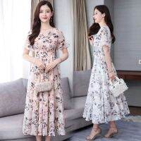 กระโปรงยาวปานกลางลายดอกไม้ราคาถูกและสวยงามสำหรับผู้หญิง New Flare Sleeve Dress Slim Long Waist Skirt