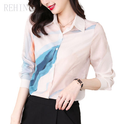 REHIN เสื้อเชิ้ตผ้าชีฟองแขนยาวพิมพ์ลาย,เสื้อทรงสั้นผ้าไหมหม่อนใส่สบาย OL เสื้อทำงานผู้หญิง2021แฟชั่นใหม่