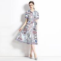 Women New Dress Real Shot  Flower Print  Midi Dress Short Sleeve A- Line Dress