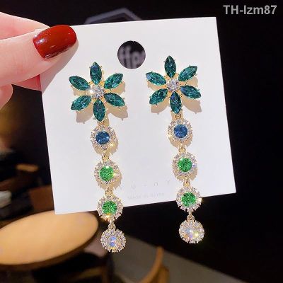 💍 เครื่องประดับ 925 silver earrings green crystal flower earrings female temperament of long eardrop exaggerated personality earrings manufacturers selling