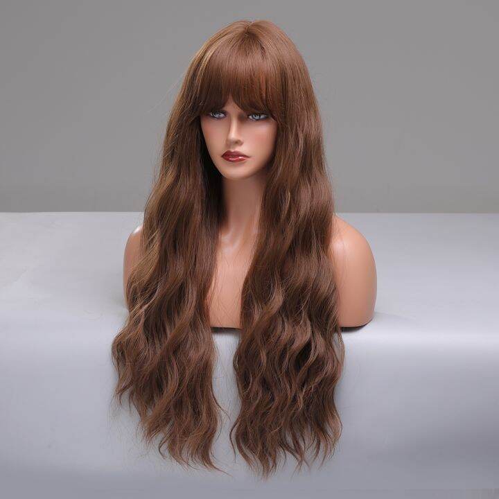 louis-ferre-วิกผมลอนยาวสีน้ำตาลหยักสังเคราะห์วิกผมสีน้ำตาลน้ำผึ้งมีหน้าม้าไฟเบอร์อุณหภูมิสูงสำหรับผู้หญิงผิวดำทนความร้อน