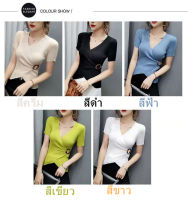 Aone(พร้อมส่ง/ใหม่)รุ่น#70008 เสื้อไหมพรมแขนสั้นไขว้หน้าแต่งหัวเข็มขัดข้างทรงน่ารัก