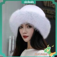 OKDEALS ที่ปิดหูกันหนาว ผู้หญิง ฤดูหนาว ปีกขนสุนัขจิ้งจอกเทียม เบเร่ต์ หมวกขนสัตว์เทียม หมวกอบอุ่น