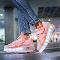 Women Sneakers Tow-Wheeled Heelys Kasut Roda 4 Tayar Rechargeable LED Shoes Children Roller Skates Colorful Lights Kids Luminous Shoes Parent-Child Skateboard Shoes Boys And Girls Wheel Shoes