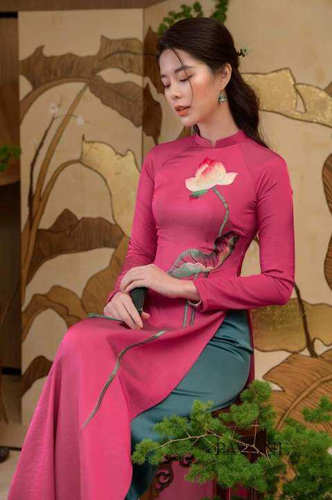 Áo Dài Thêu Hồng Hoa Sen Kèm Quần Mới Nhất | Lazada.Vn