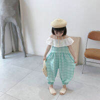 2-7Years Baby Summer Jumpsuits Sleeveless Blue Plaid Shoulderless Casual Wide-leg Pants New Arrival Students Streetwear Dress