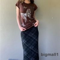 Bigmall-เสื้อยืดแขนสั้นลําลองพิมพ์ลายผีเสื้อแฟชั่นพอดีตัวสําหรับผู้หญิง