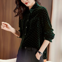 Real Silk Velvet Women Casual Shirt Elegant Fashion Turn-down Collar Long Sleeve Print Office Lady Loose Blouse Autumn Winter