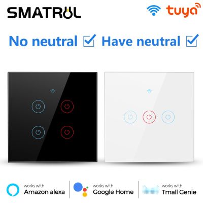 SMATRUL Smart Life Touch WiFi Wall Switch Light APP No Neutral Wire Required 1/2/3/4 Gang Tuya EU Glass Voice Google Home Alexa