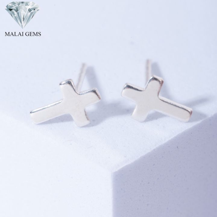 malai-gems-ต่างหูเงินแท้-silver-925-รุ่น-minimal-ไม้กางเขน-ต่างหูเงินแท้