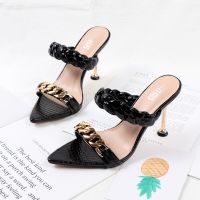 2022 new summer 42-size shoes pointed with woven Women heels sandals womens fine heel metal chain slippers