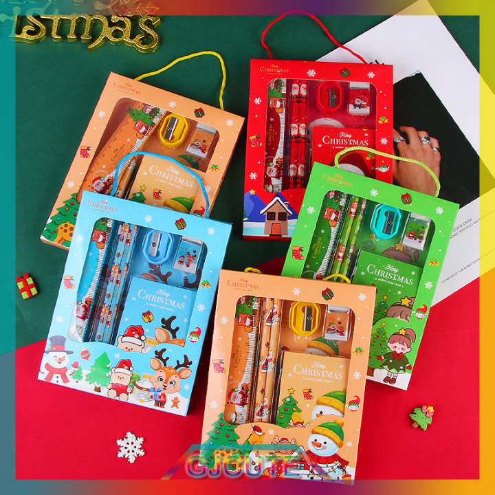 gjcute-6pcs-christmas-stationery-set-ดินสอเหลายางลบไม้บรรทัดชุดของขวัญสำหรับเด็ก-school-office-writing-supplies