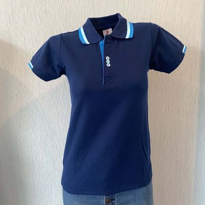 เสื้อโปโลหญิงแขนสั้น polo shirt แบบหญิง สีกรมคลีปฟ้า เนื้อผ้านุ่ม สวมใส่สบาย มีบริการส่งเก็บเงินปลายทาง