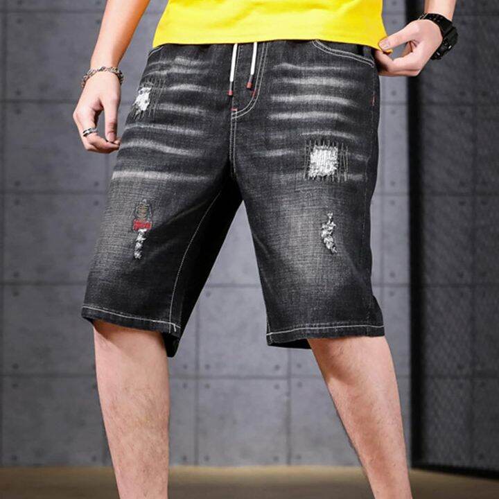 mens-casual-ripped-denim-shorts-drawstring-elastic-waist-short-jeans-moto-distressed-jean-short-with-hole-black-xx-large