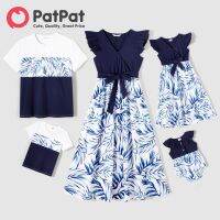 PatPat Family Matching Outfits Allover Palm Leaf Print &amp; Solid Spliced Surplice Neck Flutter-Sleeve Dresses Colorblock เสื้อยืดแขนสั้น (ต่อชิ้น)