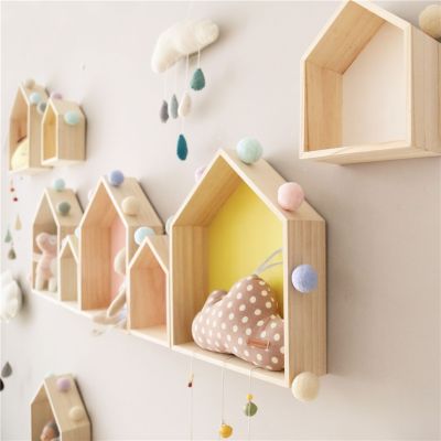 Nordic Wall Shelf Display Hanging Shelving Kids Room House Shape Shelf Wooden Shadow Cubby Box Storage Natural Shelves Decor