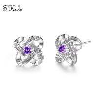 ❤Skute น่ารักสี่ใบโคลเวอร์สตั๊ดต่างหูคริสตัลสีม่วง zircons S925 เครื่องประดับเงินพรรค