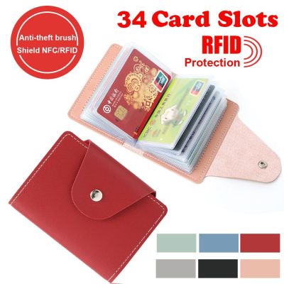 OKDEALS กระเป๋าสีลูกกวาด RFID การปิดกั้นกระเป๋าใส่บัตรเครดิต34ช่องเสียบบัตรกระเป๋าสตางค์หนัง PU